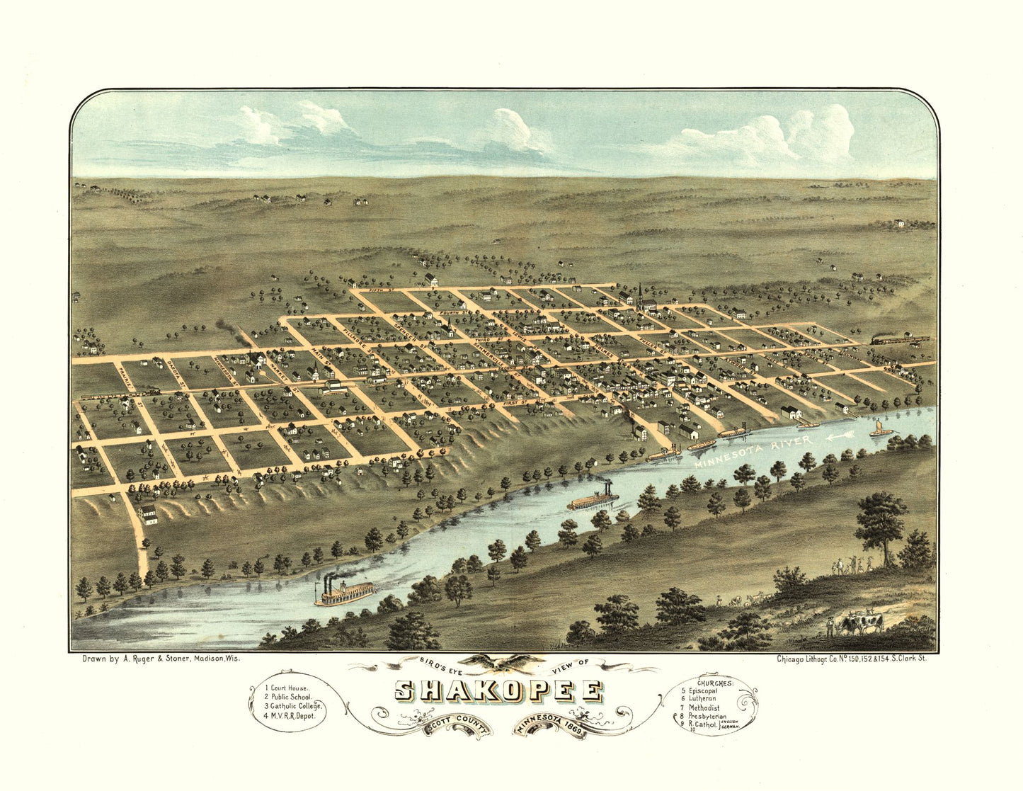 Historic Panoramic View - Shakopee Minnesota - Stoner 1869 - 29.75 x 23 - Vintage Wall Art