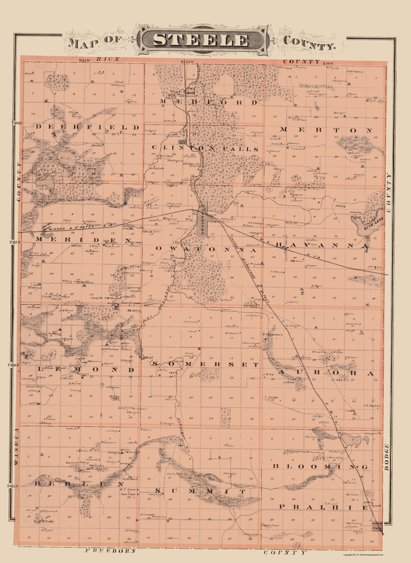 Historic County Map - Steele County Minnesota - Andreas 1874 - 23 x 31.49 - Vintage Wall Art