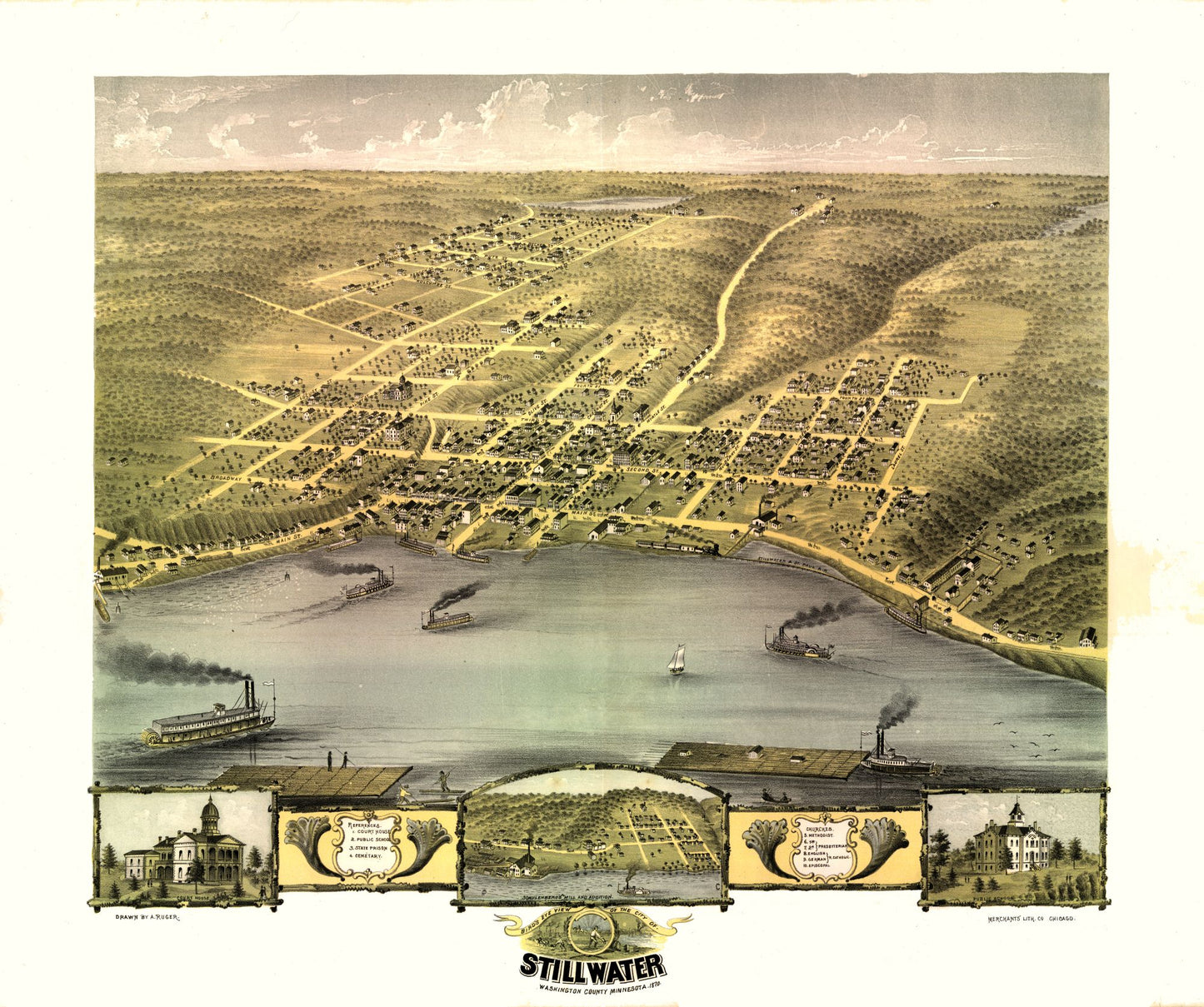 Historic Panoramic View - Stillwater Minnesota - Ruger 1870 -  27.49 x 23 - Vintage Wall Art