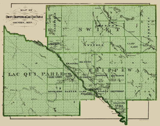 Historic County Map - Swift Chippewa Lac Qui Parle Counties Minnesota  - Andreas 1874 - 23 x 29 - Vintage Wall Art