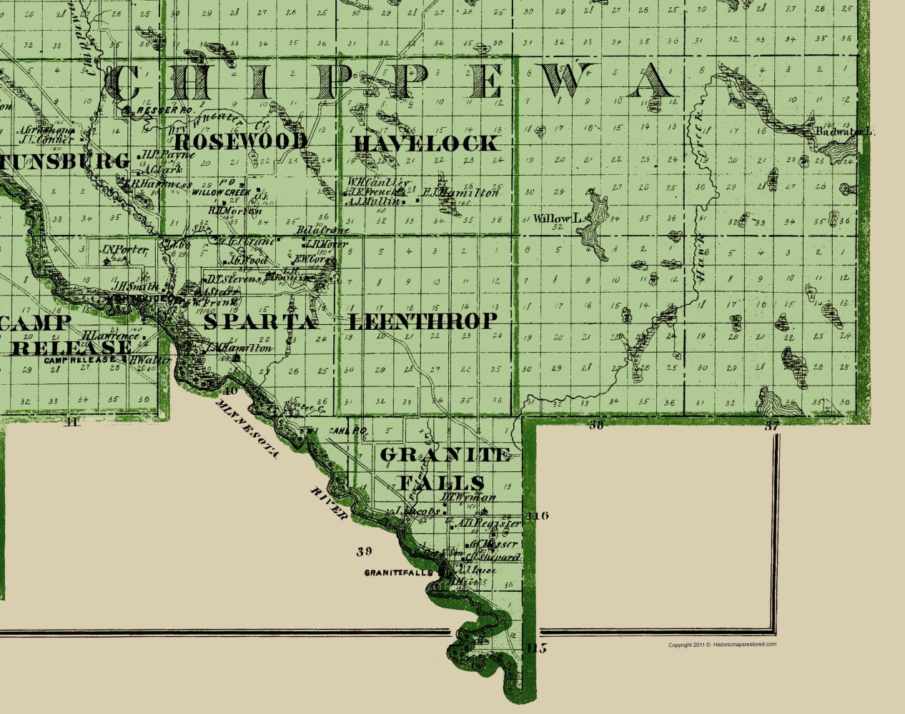 Historic County Map - Swift Chippewa Lac Qui Parle Counties Minnesota  - Andreas 1874 - 23 x 29 - Vintage Wall Art