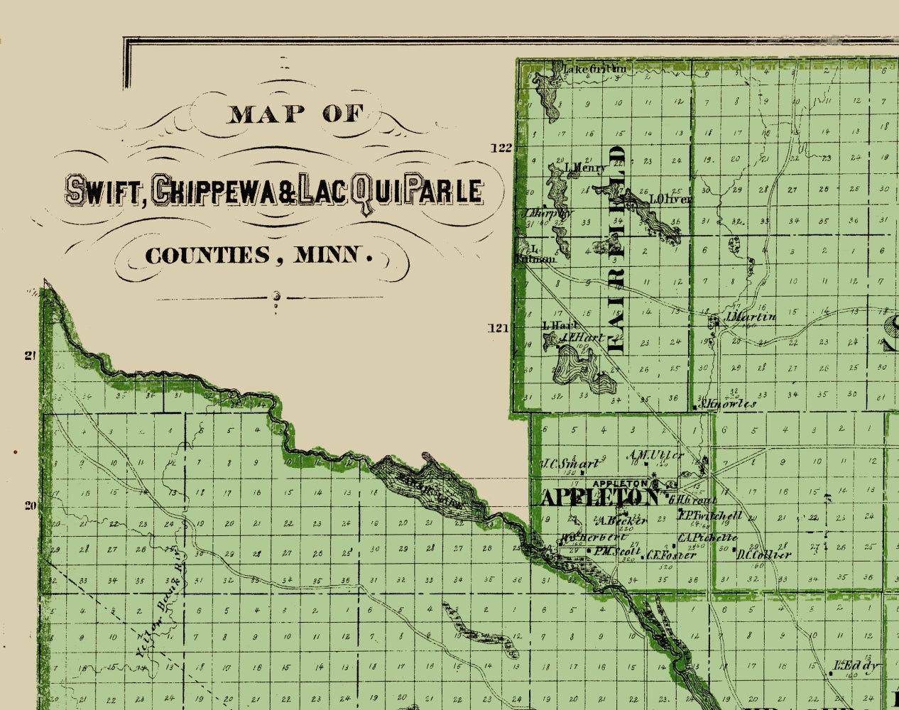 Historic County Map - Swift Chippewa Lac Qui Parle Counties Minnesota  - Andreas 1874 - 23 x 29 - Vintage Wall Art