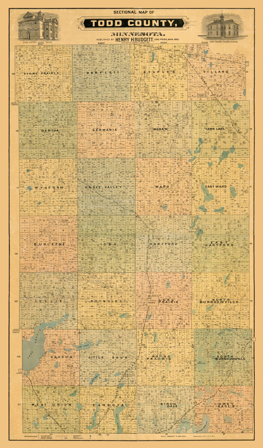 Historic County Map - Todd County Minnesota - Budgett 1890 - 23 x 39.18 - Vintage Wall Art
