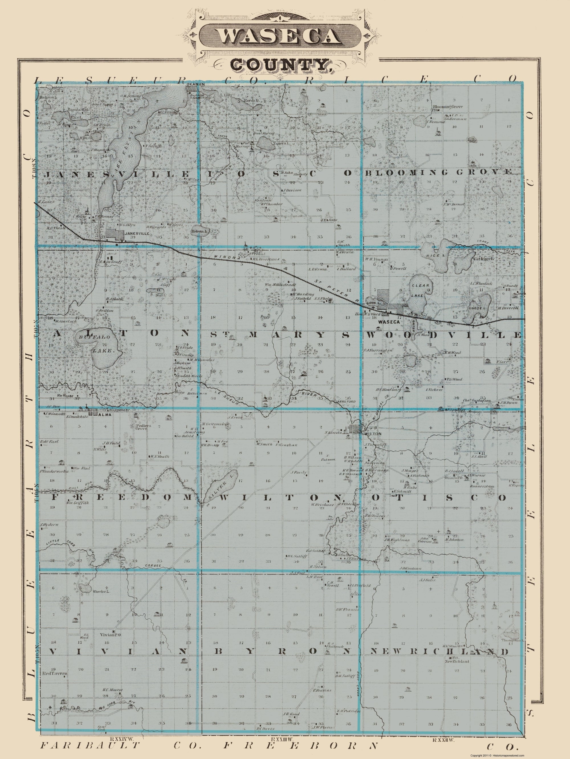 Historic County Map - Waseca County Minnesota - Andreas 1874 - 23 x 30 ...