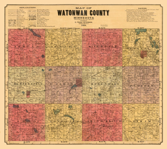 Historic County Map - Watonwan County Minnesota - Peterson 1898 - 25.71 x 23 - Vintage Wall Art