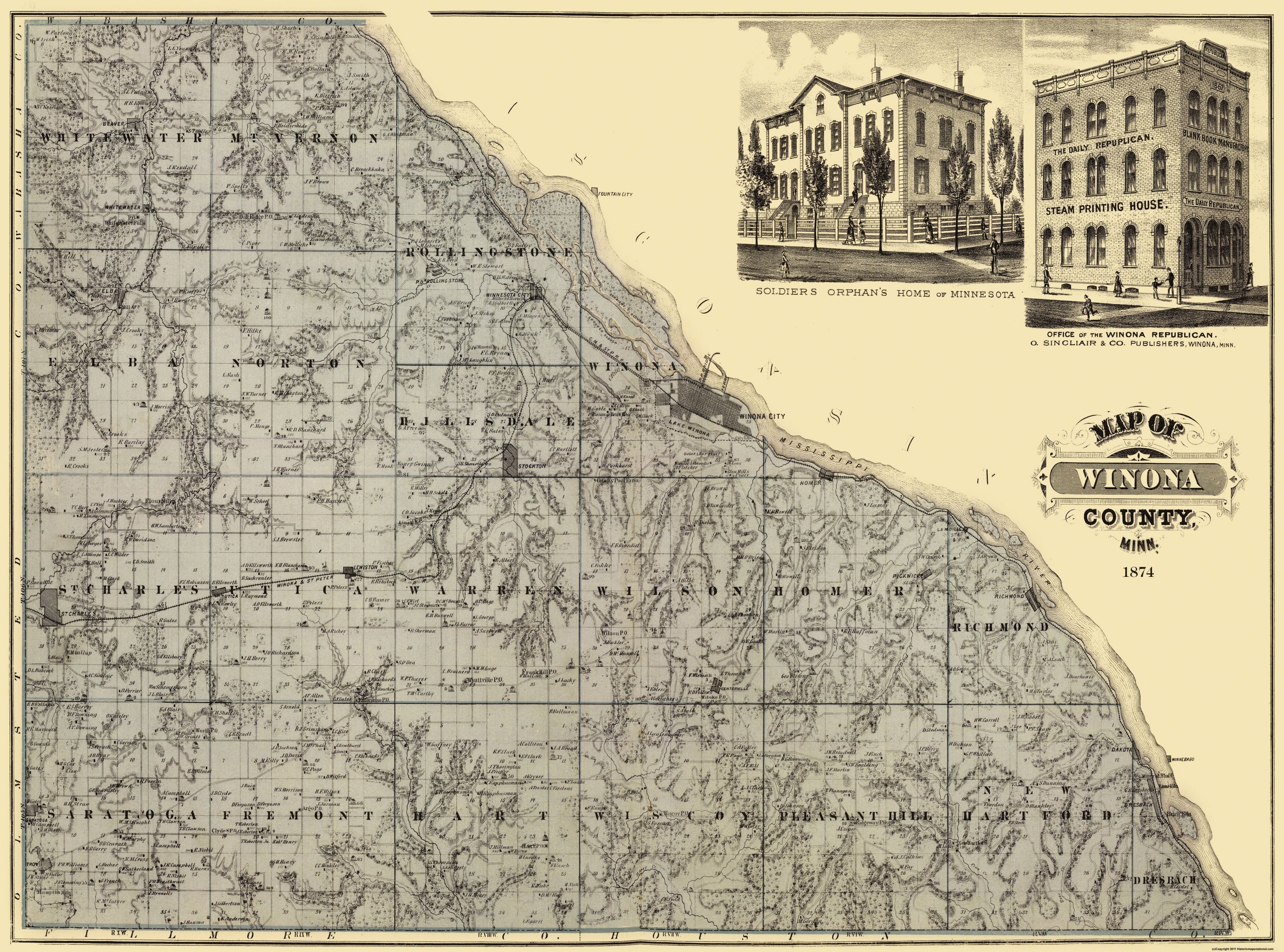 Winona Map Historic County Map - Winona County Minnesota - Andreas 1874 - 31 x 23 ...