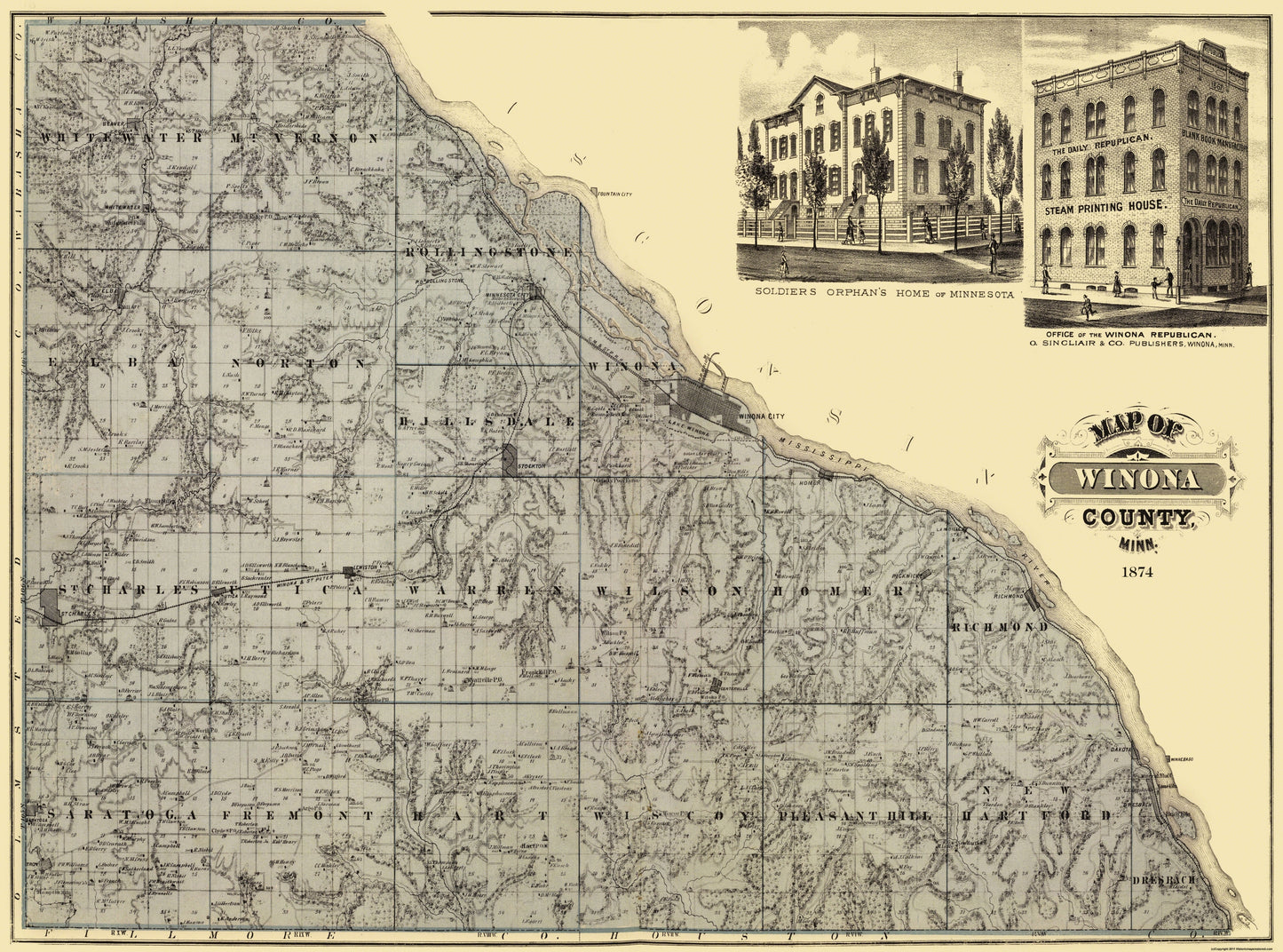 Historic County Map - Winona County Minnesota  - Andreas 1874 - 31 x 23 - Vintage Wall Art