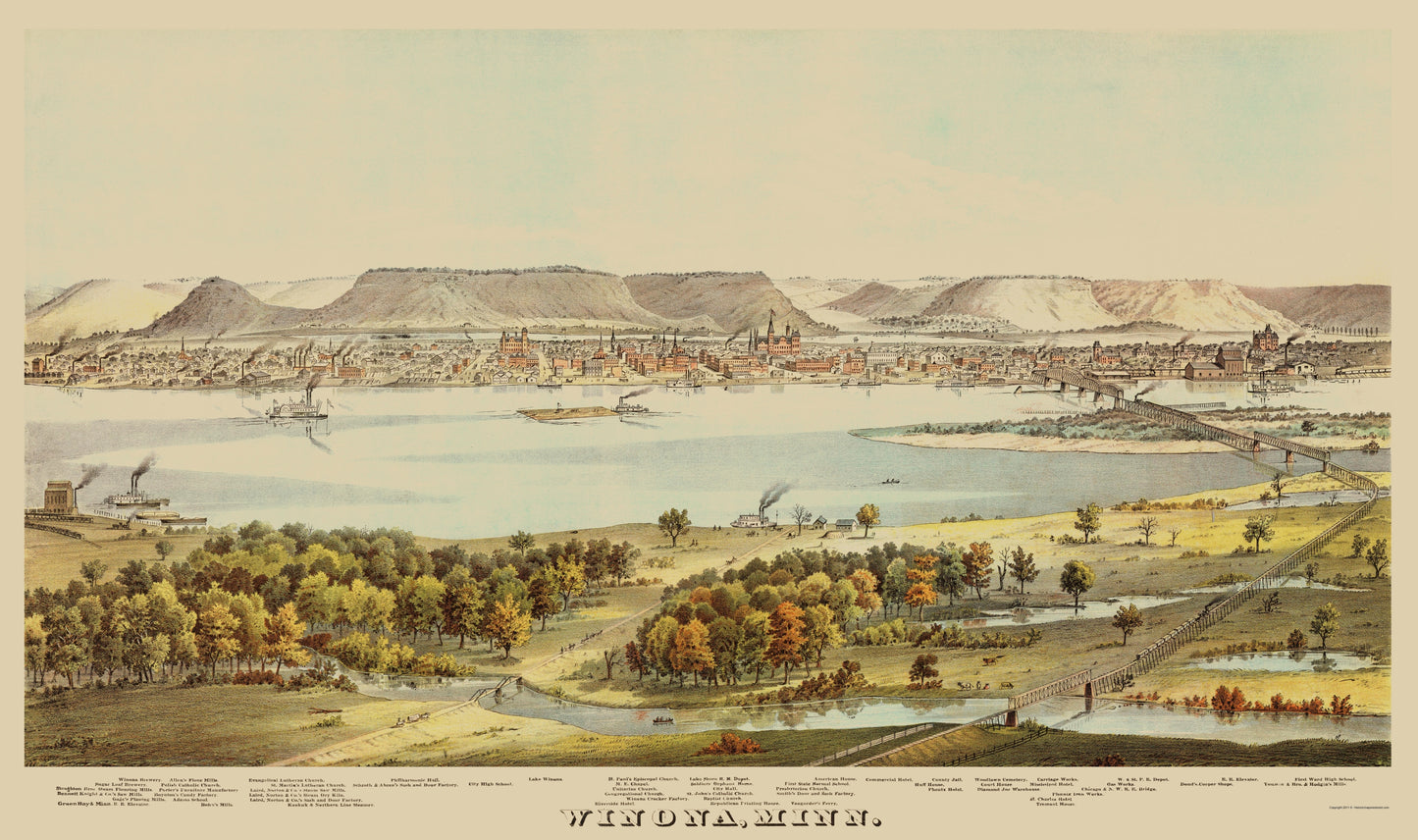 Historic Panoramic View - Winona Minnesota - Andreas 1874 - 23 x 38.82 - Vintage Wall Art