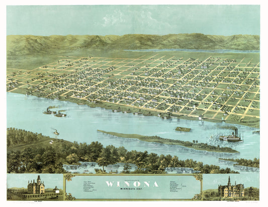 Historic Panoramic View - Winona Minnesota - Ruger 1867 - 29.84 x 23 - Vintage Wall Art