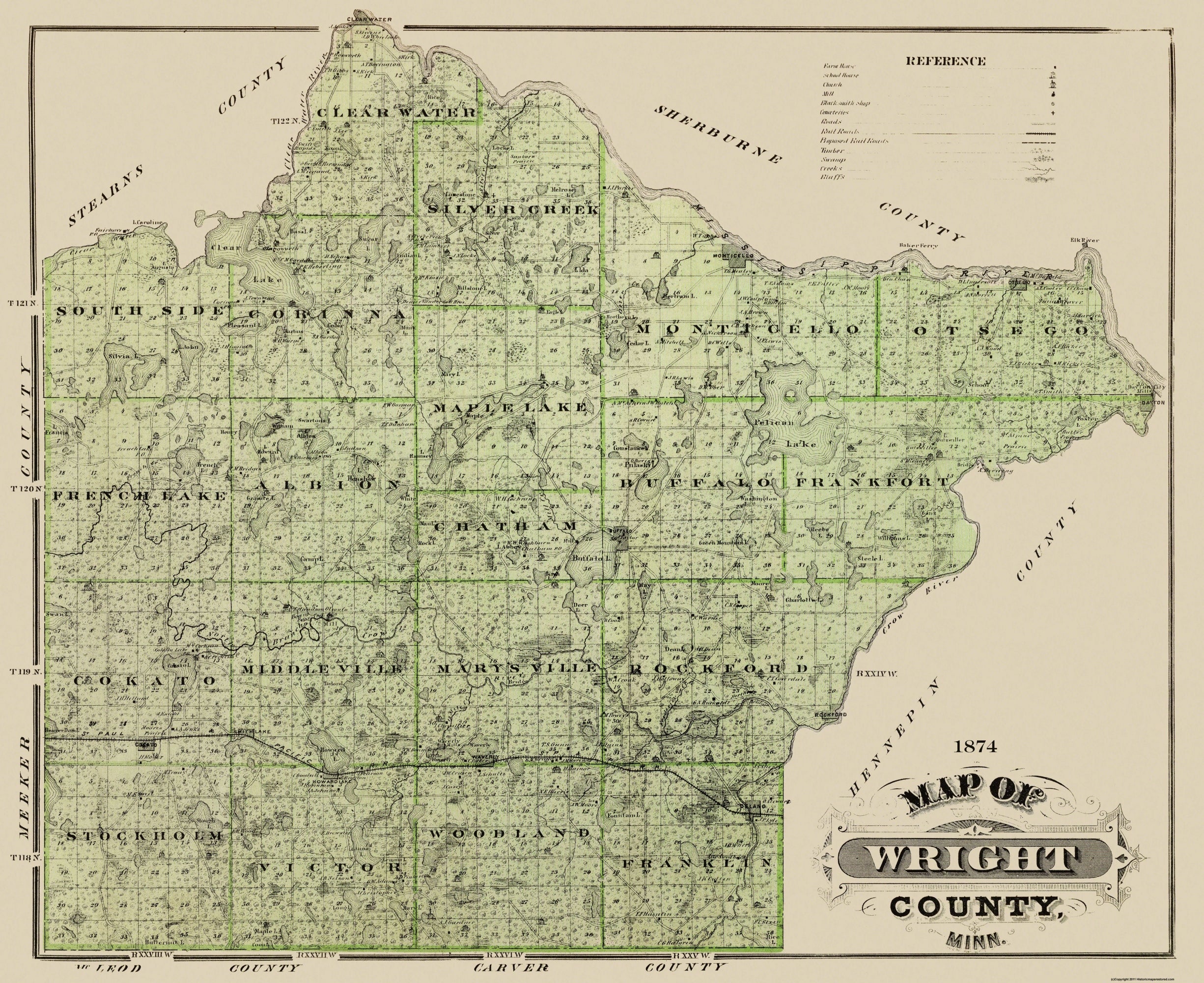 Historic County Map - Wright County Minnesota - Andreas 1874 - 28.19 x ...