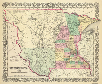 Historic State Map - Minnesota - Colton 1856 - 28 x 23 - Vintage Wall Art