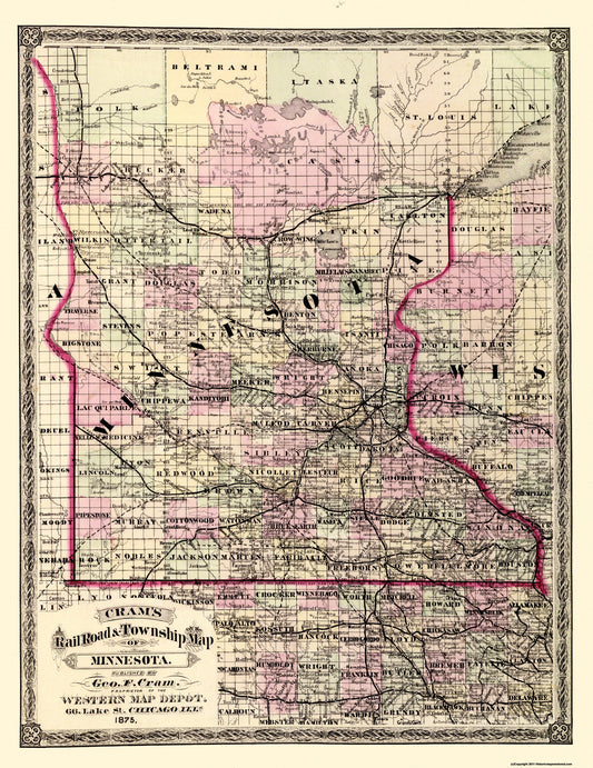 Historic State Map - Minnesota - Cram 1875 - 23 x 29.81 - Vintage Wall Art