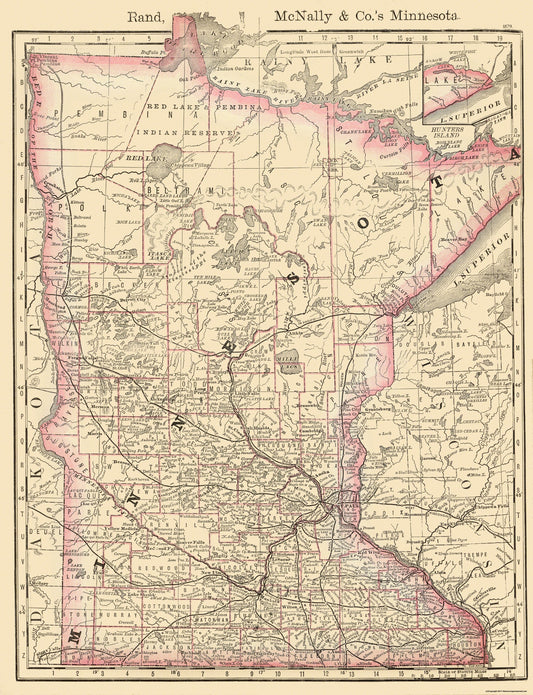 Historic State Map - Minnesota - Rand McNally 1879 - 23 x 30 - Vintage Wall Art