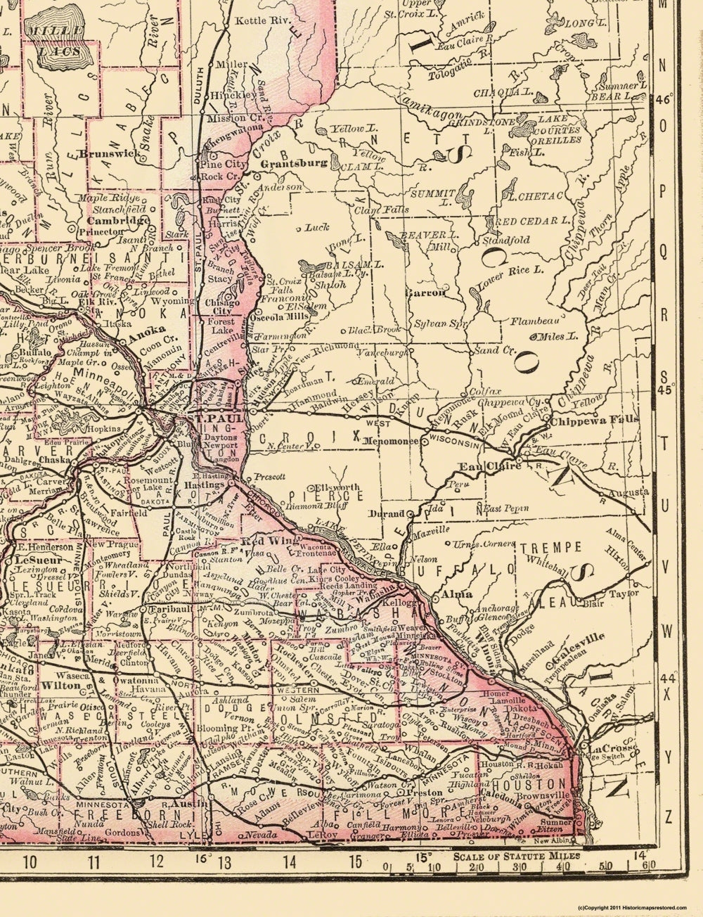 Historic State Map - Minnesota - Rand McNally 1879 - 23 x 30 - Vintage Wall Art