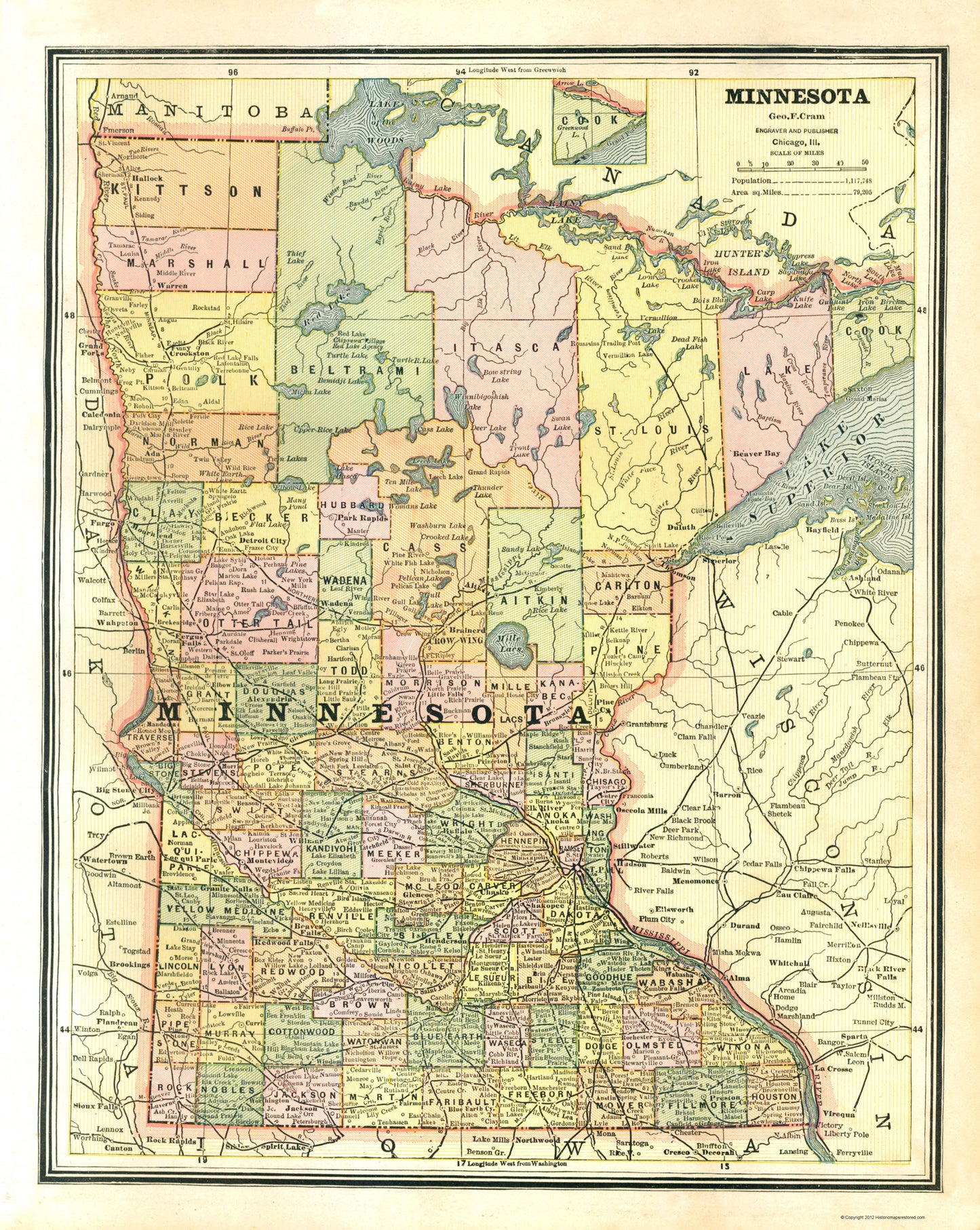 Historic State Map - Minnesota - Cram 1886 - 23 x 28.85 - Vintage Wall Art