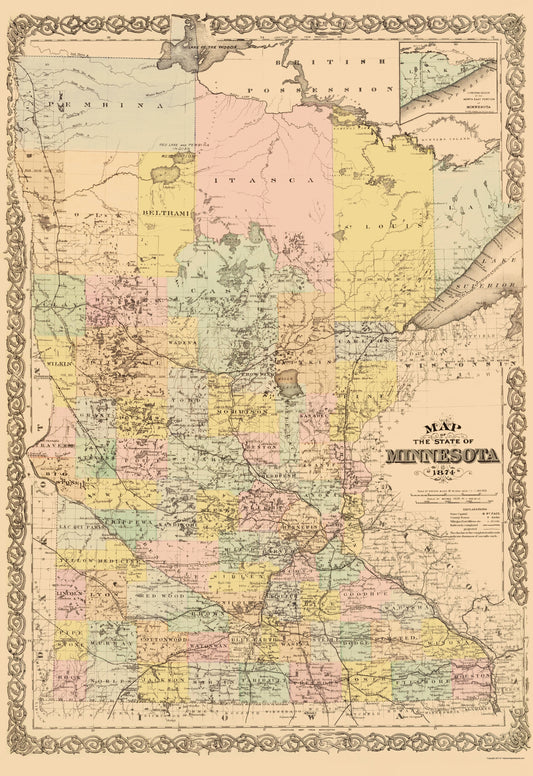 Historic State Map - Minnesota - Andreas 1874 - 23 x 33.49 - Vintage Wall Art