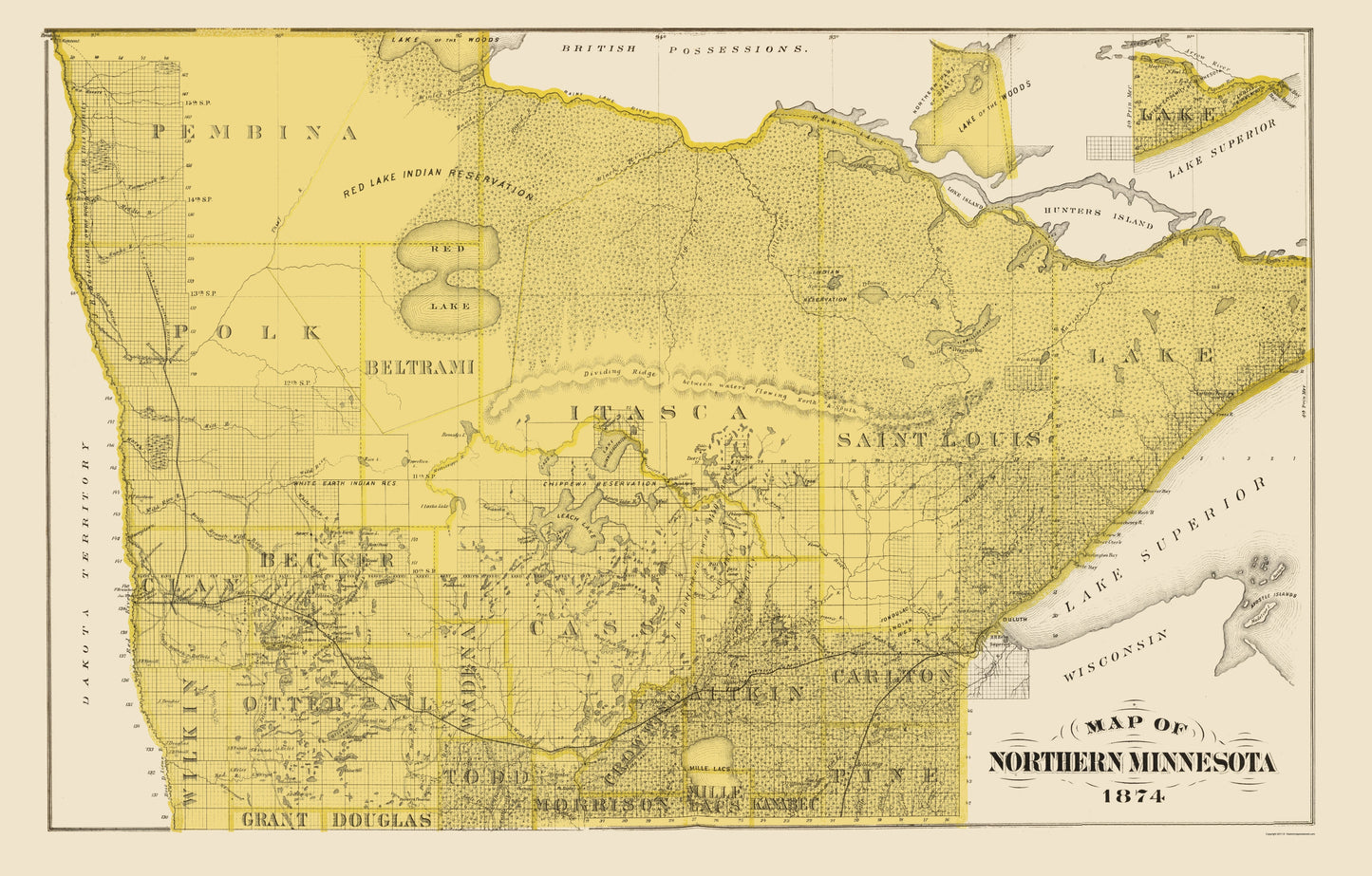 Historic State Map - Minnesota Northern - Andreas 1874 - 23 x 36.00 - Vintage Wall Art