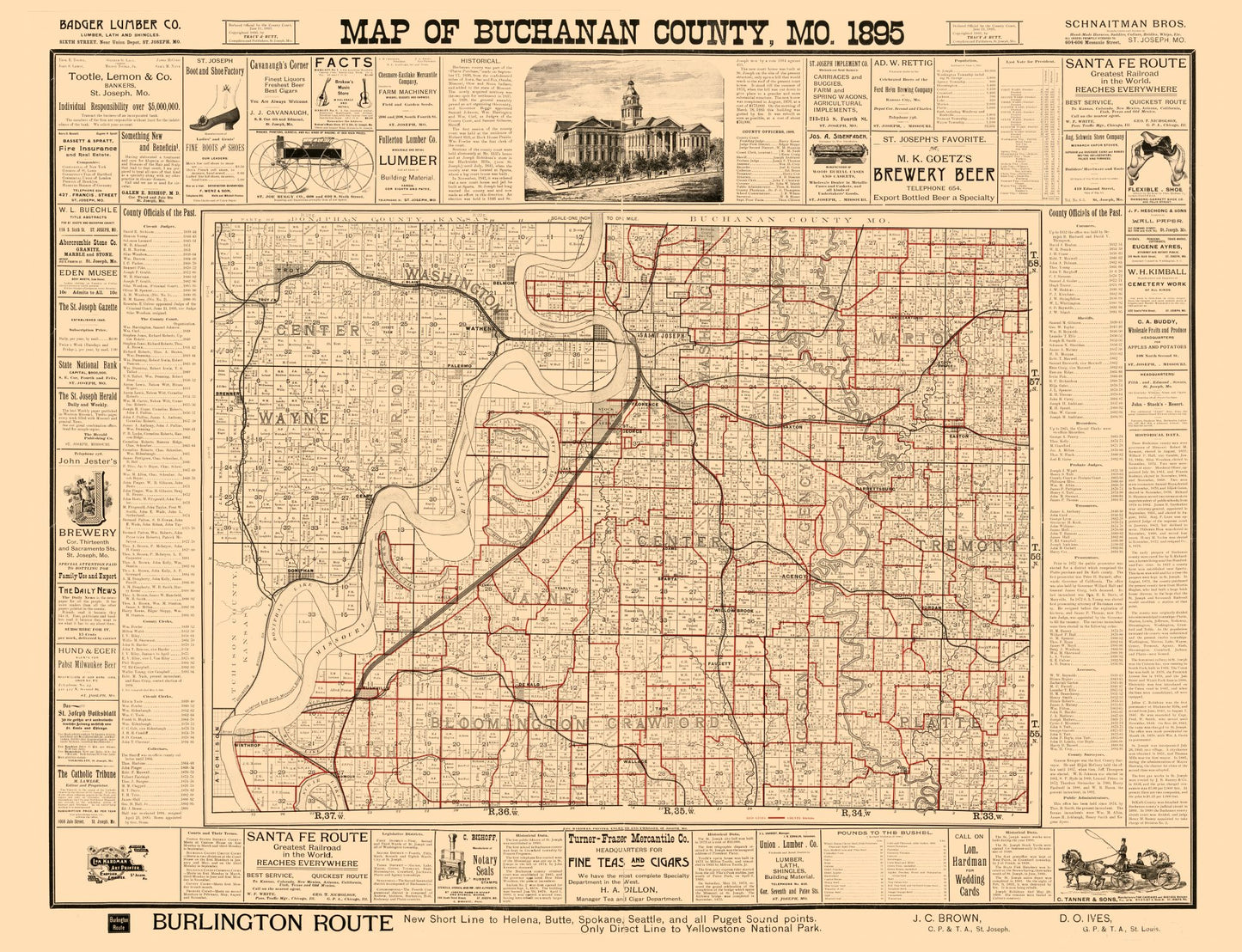 Historic County Map - Buchanan County Missouri - Rutt 1895 - 29.98 x 23 - Vintage Wall Art