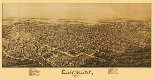 Historic Panoramic View - Carthage Missouri - Fowler 1891 - 23 x 43.92 - Vintage Wall Art