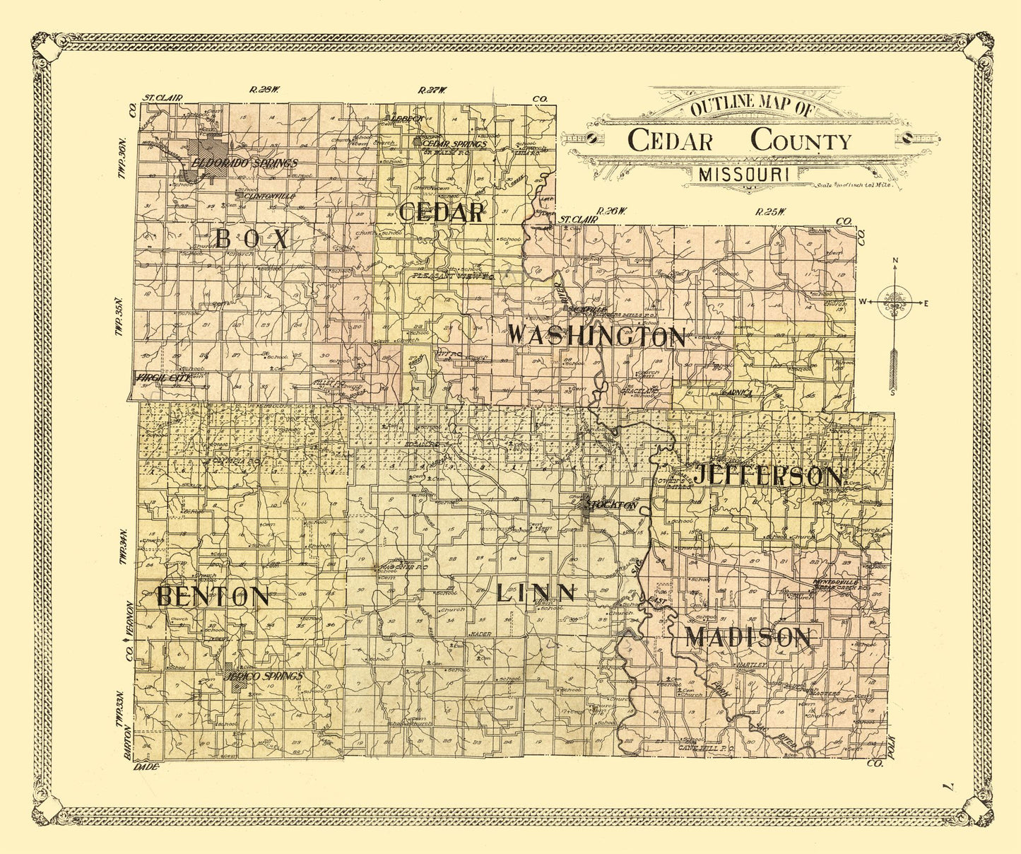 Historic County Map - Cedar County Missouri - 1908 - 27.51 x 23 - Vintage Wall Art