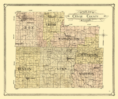 Historic County Map - Cedar County Missouri - 1908 - 27.51 x 23 - Vintage Wall Art