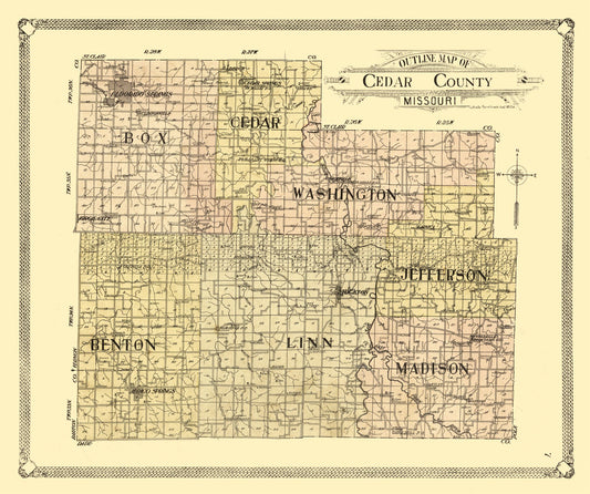 Historic County Map - Cedar County Missouri - 1908 - 27.51 x 23 - Vintage Wall Art