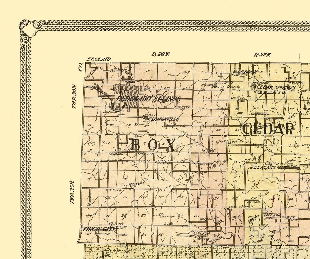 Historic County Map - Cedar County Missouri - 1908 - 27.51 x 23 - Vintage Wall Art