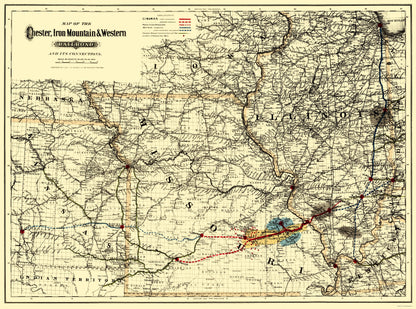 Railroad Map - Chester Iron Mountain and Western 1881 - 23 x 31 - Vintage Wall Art