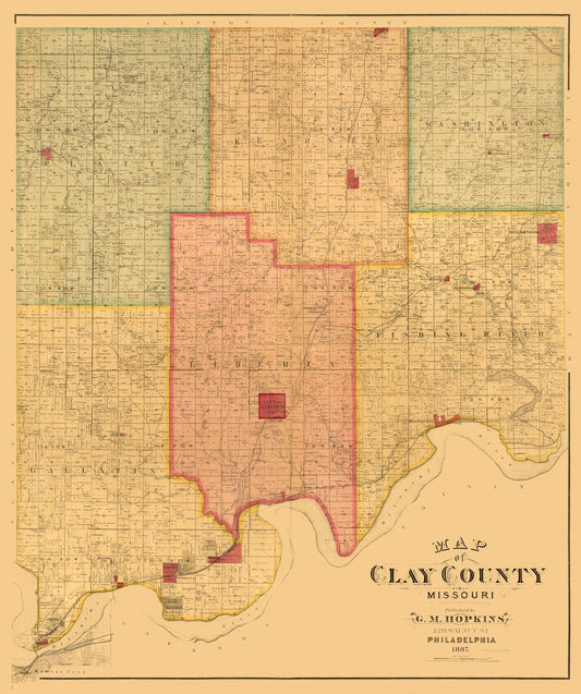 Historic County Map - Clay County Missouri - Hopkins 1887 - 23 x 27.48 - Vintage Wall Art