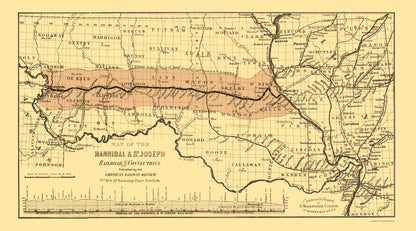 Railroad Map - Hannibal and St Joseph Railroad - Colton 1860 - 23 x 41.50 - Vintage Wall Art