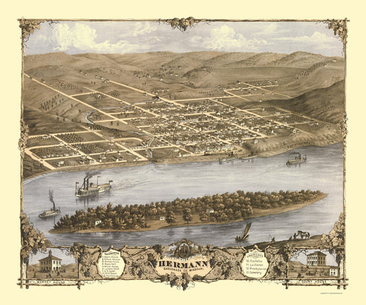 Historic Panoramic View - Hermann Missouri - Ruger 1869 - 23 x 27.54 - Vintage Wall Art