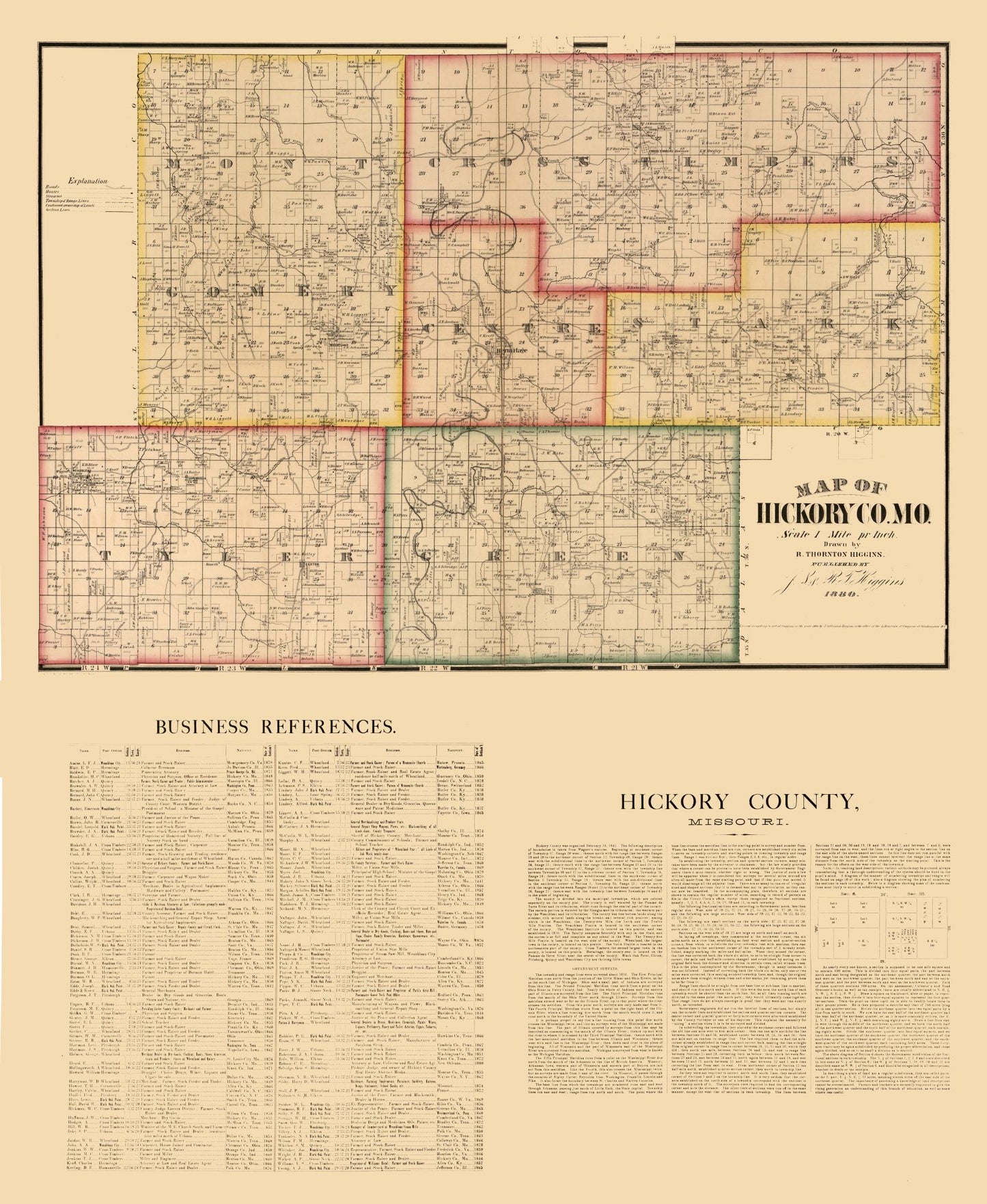 Historic County Map - Hickory County Missouri - Higgins 1880 - 23 x 28.06 - Vintage Wall Art