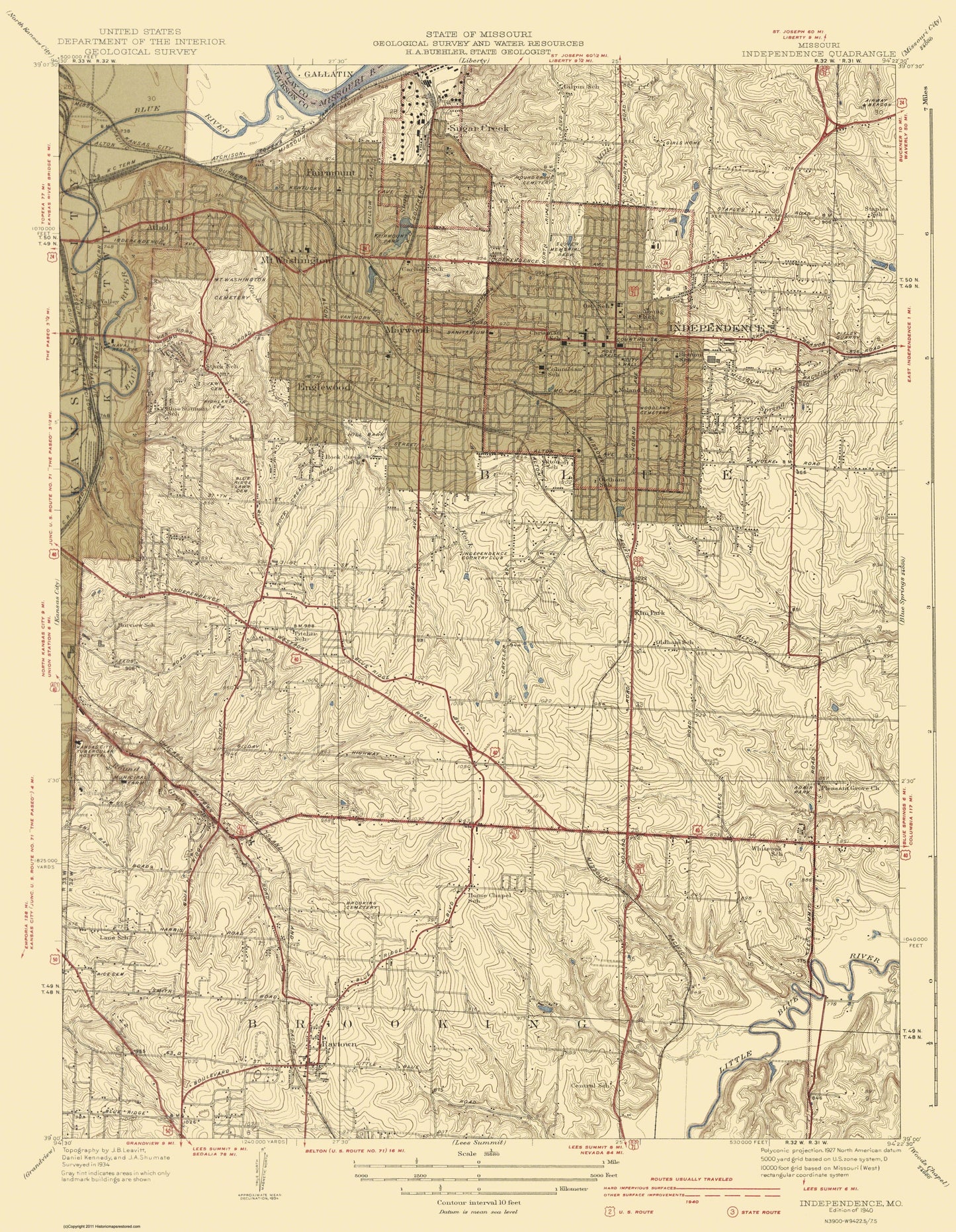 Topographical Map - Independence Missouri Quad - USGS 1940 - 23 x 29.63 - Vintage Wall Art