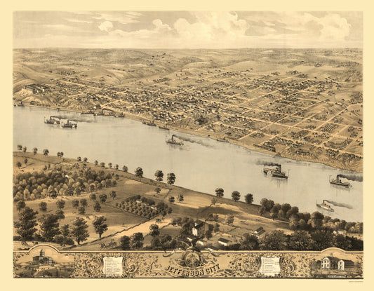 Historic Panoramic View - Jefferson City Missouri - Ruger 1869 - 23 x 29.56 - Vintage Wall Art