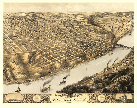 Historic Panoramic View - Kansas City Missouri - Ruger 1869 - 23 x 29.12 - Vintage Wall Art