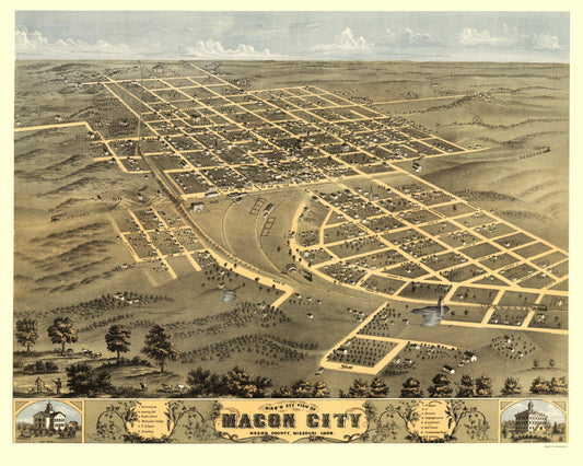 Historic Panoramic View - Macon City Missouri - Ruger 1869 - 23 x 28.75 - Vintage Wall Art