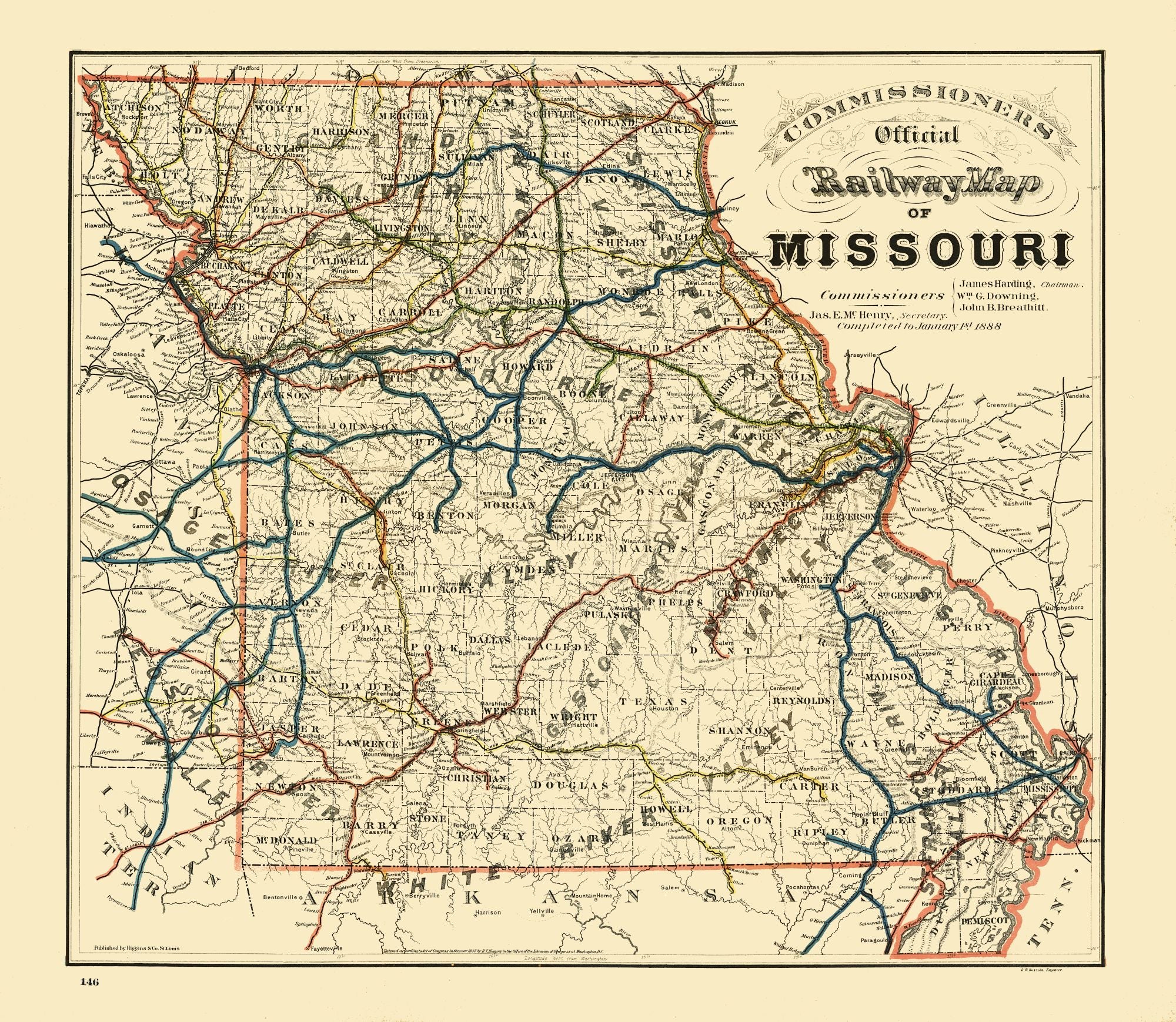 Railroad Map - Missouri Railroad - Higgins 1888 - 26.45 x 23 - Vintage ...