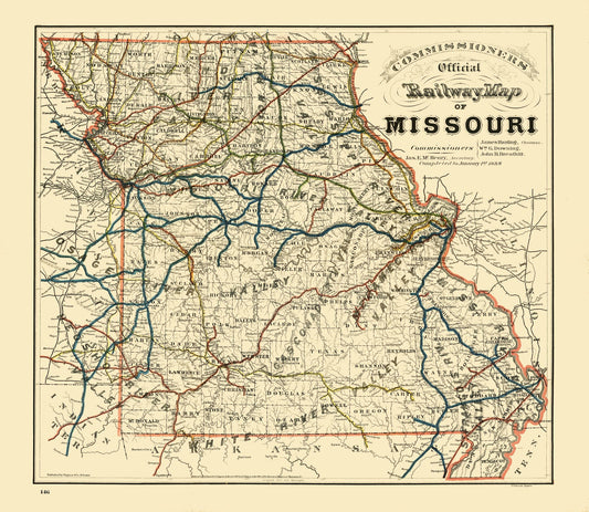 Railroad Map - Missouri Railroad - Higgins 1888 - 26.45 x 23 - Vintage Wall Art