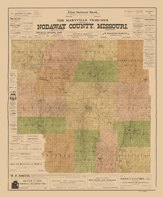 Historic County Map - Nodaway County Missouri - Hixson 1903 - 23 x 27.73 - Vintage Wall Art