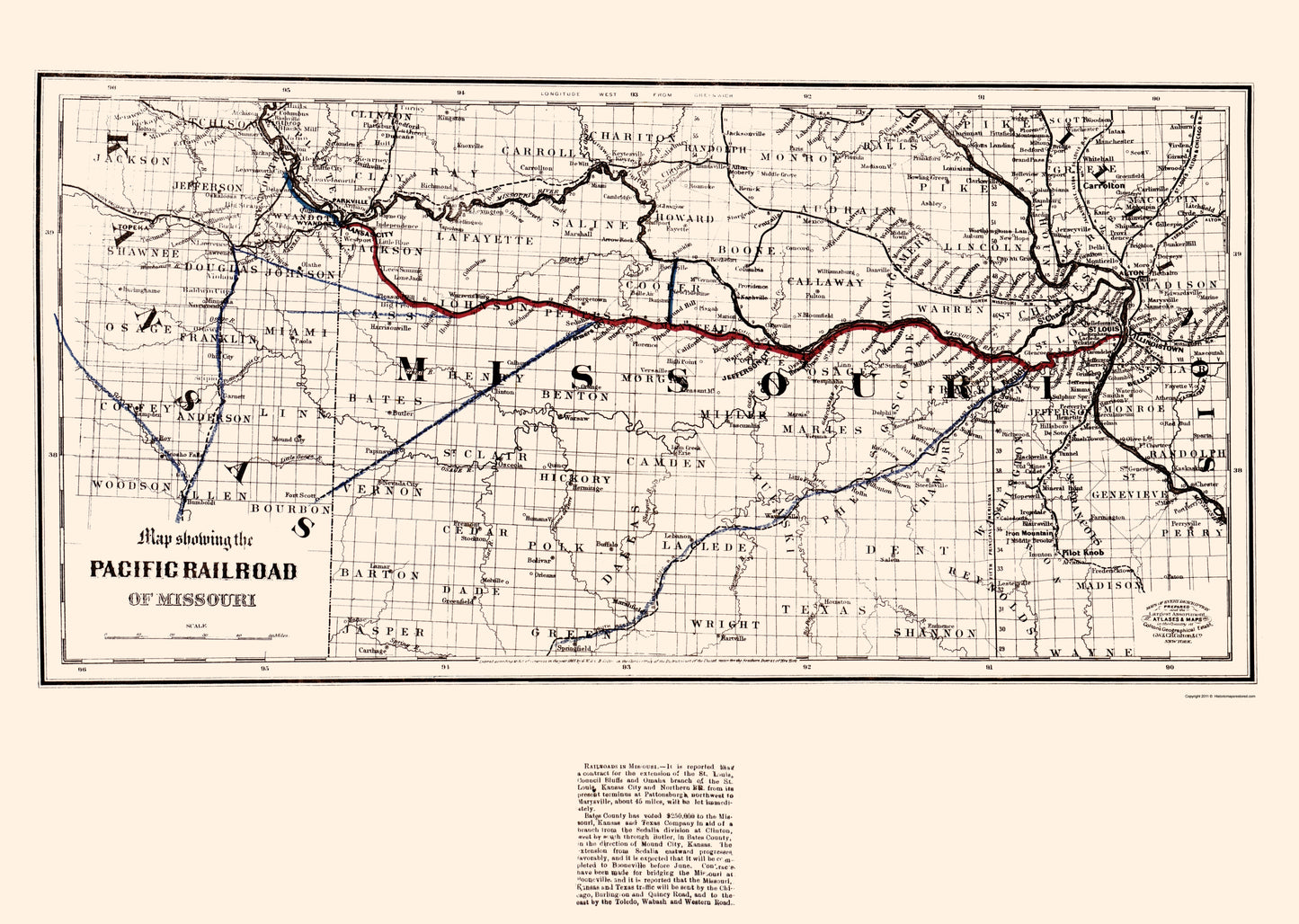 Railroad Map - Missouri Pacific Railroad - Colton 1865 - 23 x 32.34 - Vintage Wall Art