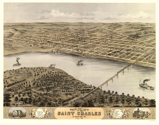 Historic Panoramic View - Saint Charles Missouri - Ruger 1869 - 23 x 29.23 - Vintage Wall Art