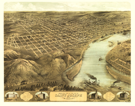 Historic Panoramic View - Saint Joseph Missouri - Ruger 1868 - 23 x 29.32 - Vintage Wall Art