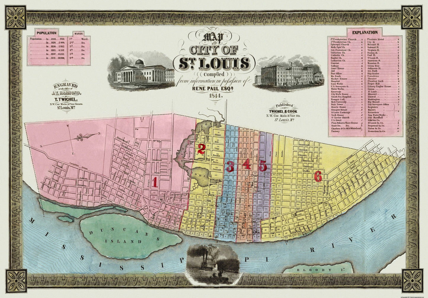 Historic City Map - St Louis Missouri - Twichel 1844 - 23 x 30 - Vintage Wall Art