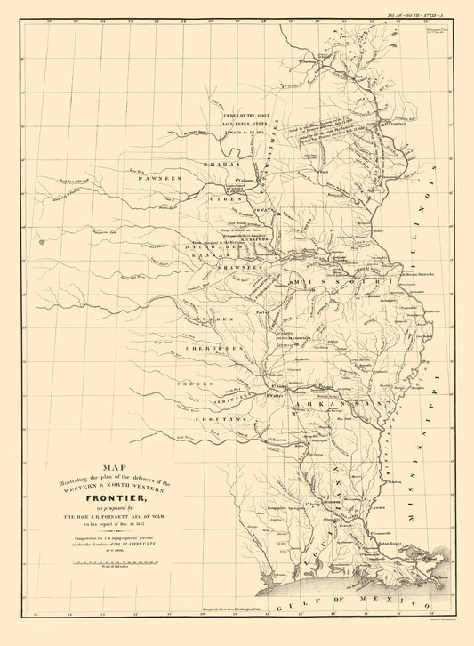 Historic State Map - Frontier North Western  Defenses - Poinsett 1837 - 23 x 31 - Vintage Wall Art