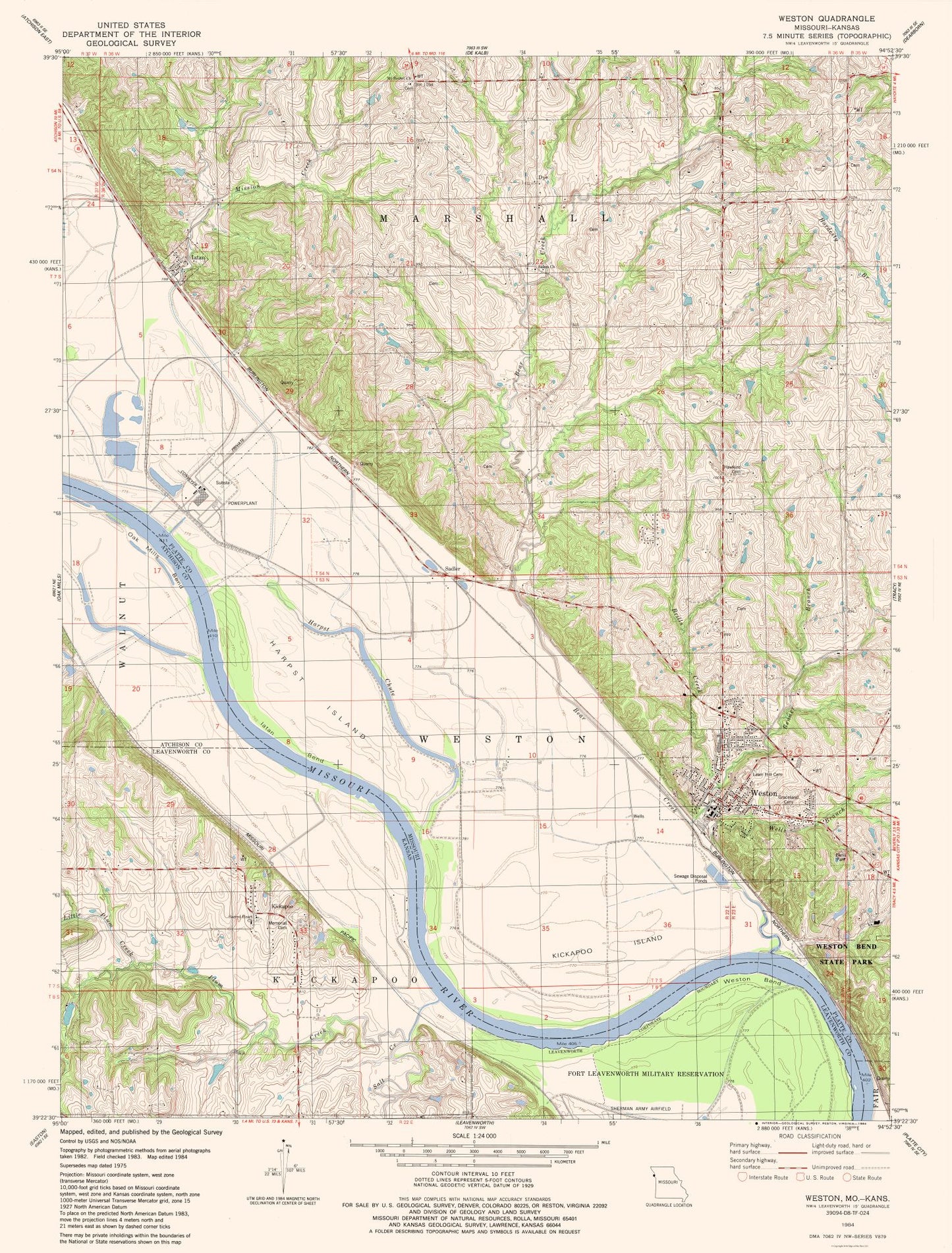 Topographical Map - Weston Missouri Quad - USGS 1984 - 23 x 30.29 - Vintage Wall Art