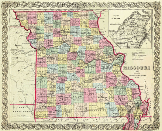 Historic State Map - Missouri - Colton 1855 - 28.44 x 23 - Vintage Wall Art