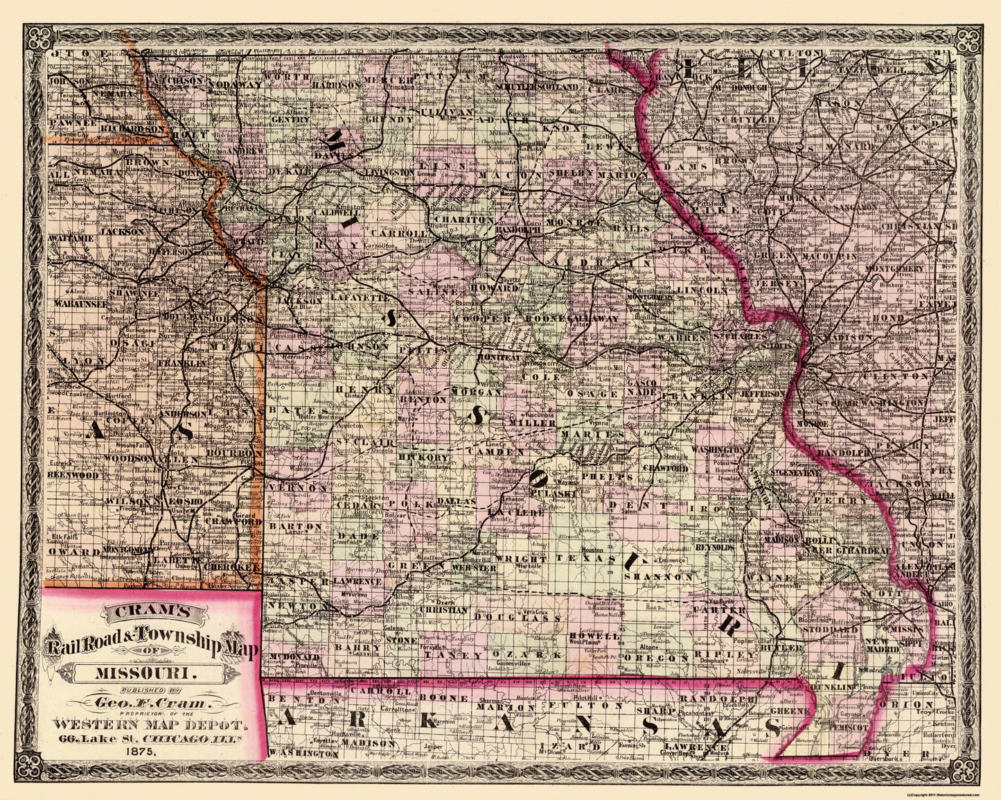 Historic State Map - Missouri - Cram 1875 - 28.81 x 23 - Vintage Wall Art