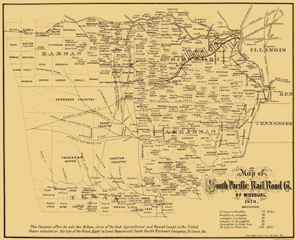 Railroad Map - Missouri Southern Pacific Railroad Co - Gast 1870 - 23 x 28 - Vintage Wall Art