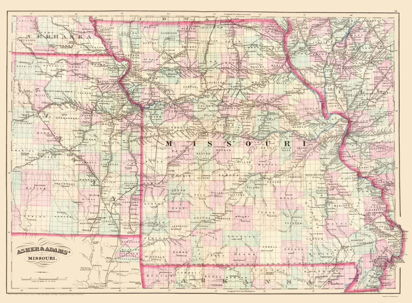 Historic State Map - Missouri - Asher  1874 - 23 x 31.29 - Vintage Wall Art