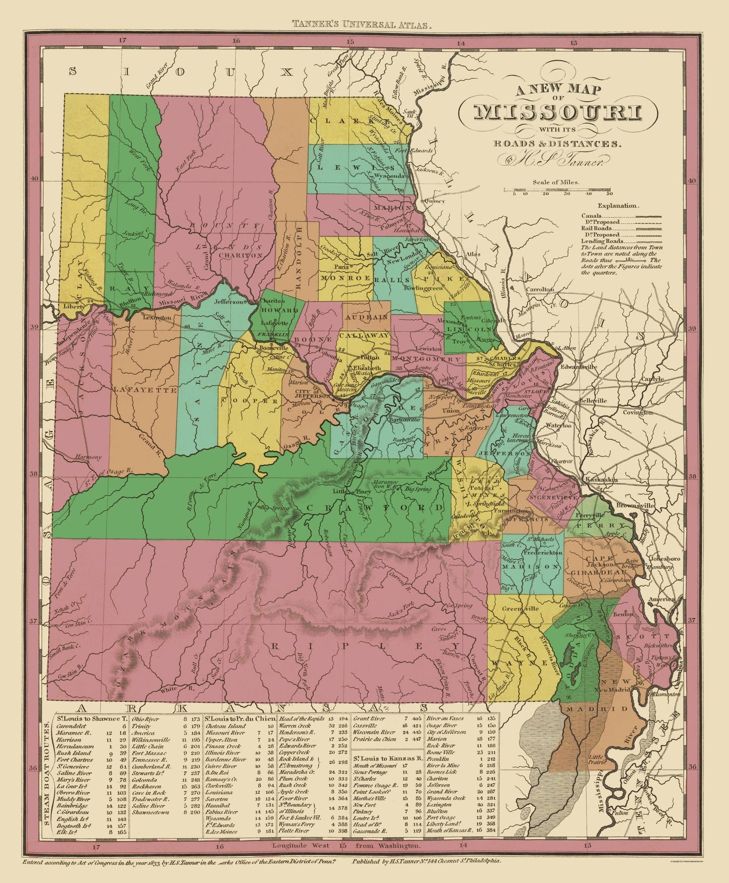 Historic State Map - Missouri - Tanner 1833 - 23 x 27.87 - Vintage Wall Art